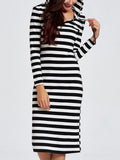 Hooded Long-sleeved Slim Striped Midi Dress