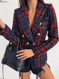 Ladies Double-Breasted Plaid Blazer Coat