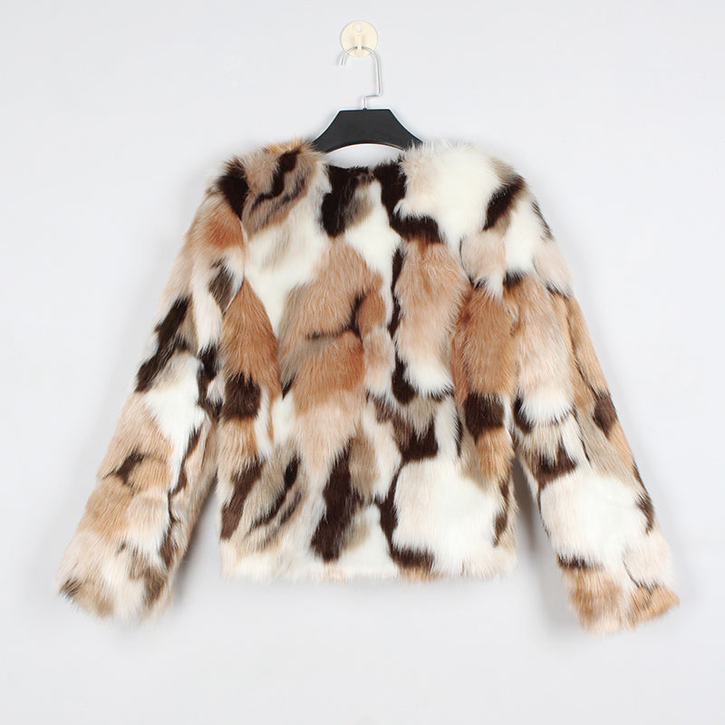 Autumn and Winter Mixed Color Faux Fur Coat
