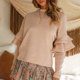 Lotus Leaf Flare Stitching Long Sleeve Loose Round Neck Knit Top