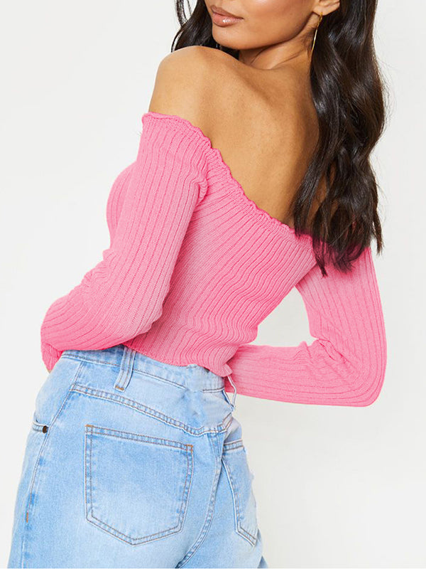 Off-shoulder Top Long-sleeved Striped Sexy Sweater
