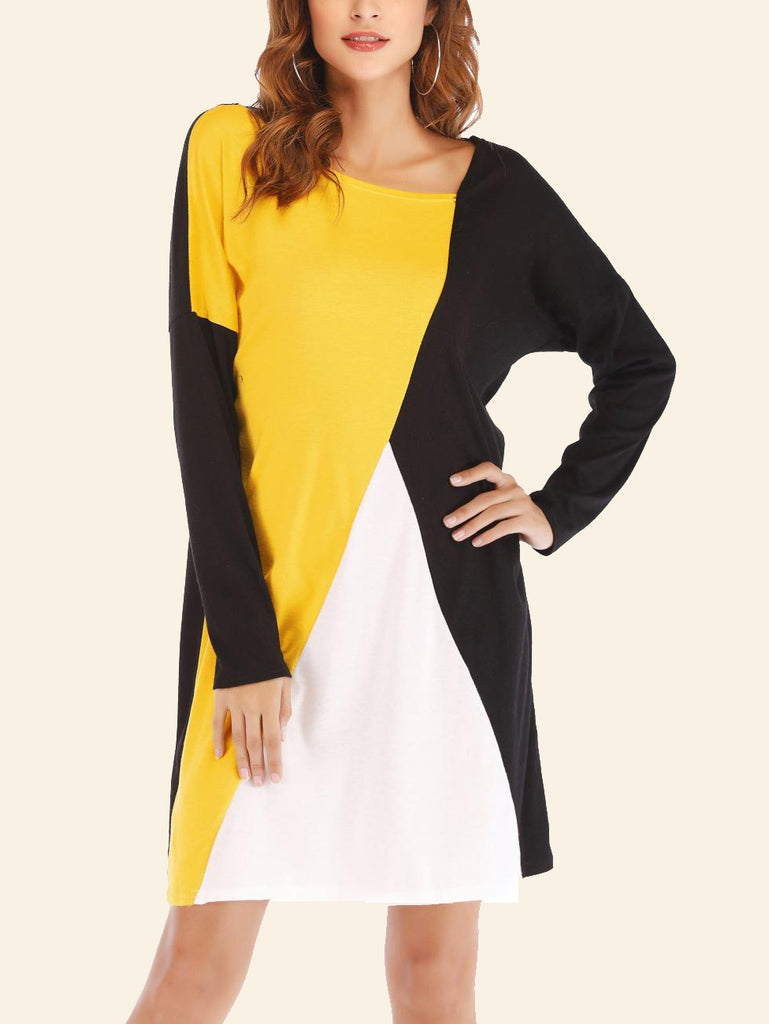 Contrast Colorblock Long Sleeve Loose Round Neck Dress