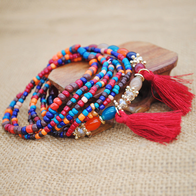 Multi-layer Elastic Rope Rice Beads Tassel Bracelet Handmade Beaded Bracelet
