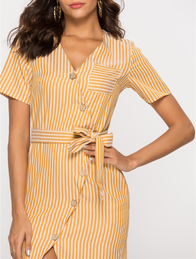 V-neck Short-sleeved Slim-fit Striped Dress