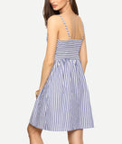 Open Back Strap Blue White Striped Mini Dress