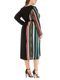Plus Size Round Neck Long Sleeve Waist Striped Dress