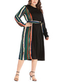 Plus Size Round Neck Long Sleeve Waist Striped Dress