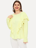 Large Size Women's Ruffled Long-sleeved T-shirt Round Neck Knit Top