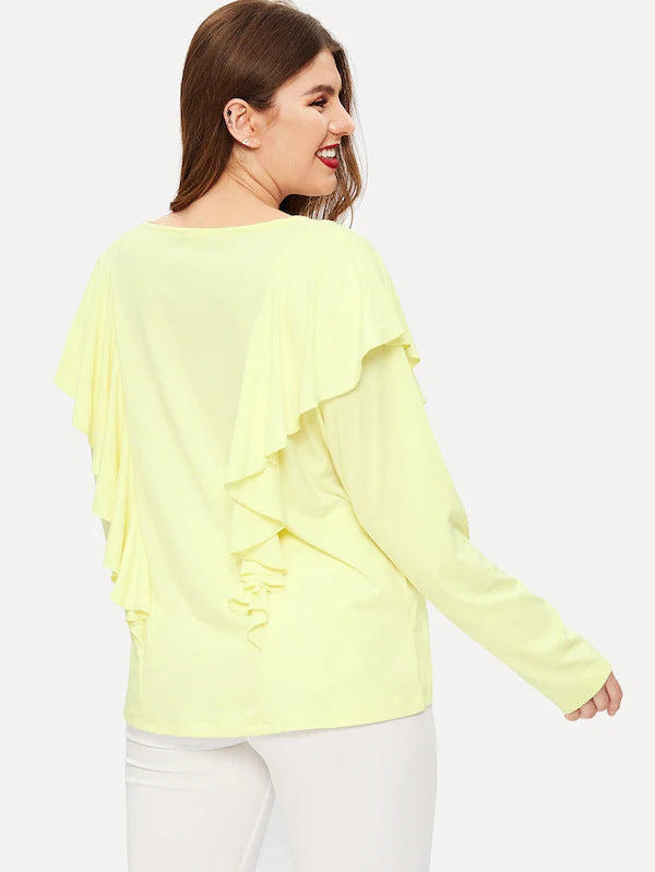 Large Size Women's Ruffled Long-sleeved T-shirt Round Neck Knit Top