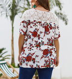 Summer New Lace Stitching Print Top Chiffon Shirt