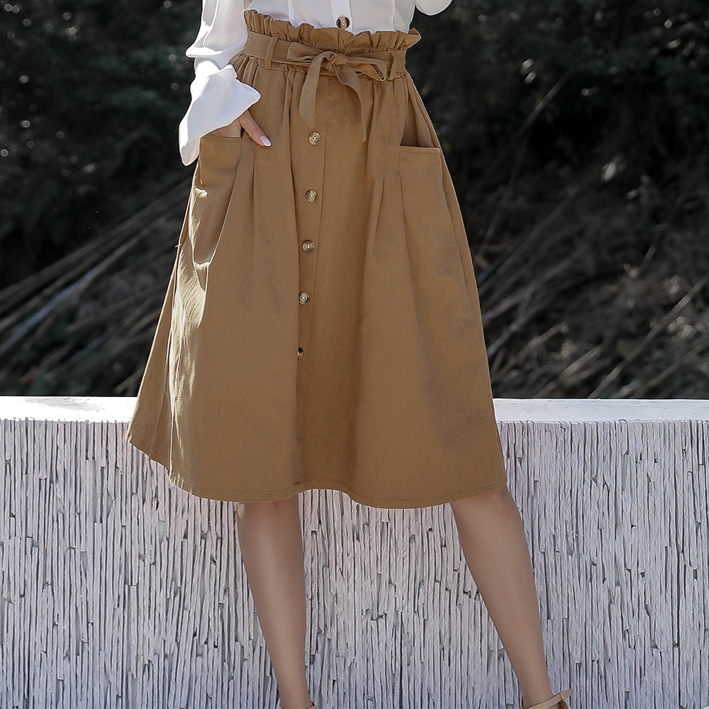 Large Pocket Single-breasted Waistband Bow Tie Skirt