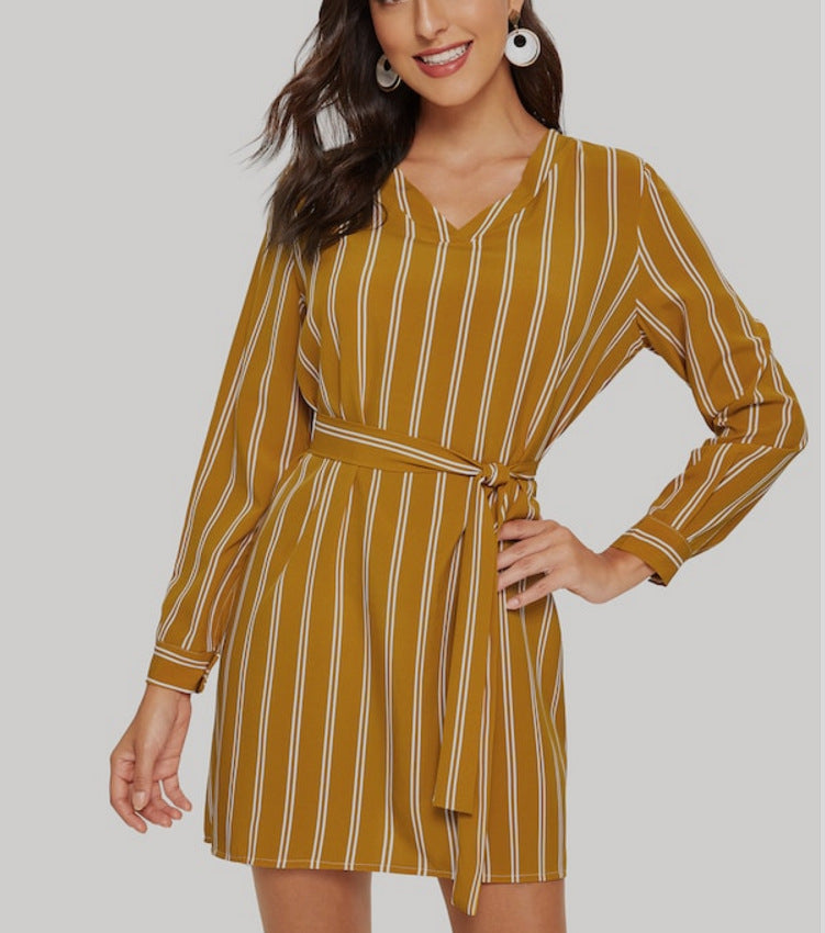Lace-up Striped Long-sleeved Shirt Dress