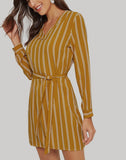 Lace-up Striped Long-sleeved Shirt Dress
