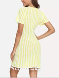 V-neck Short-sleeved Slim Striped Fringe Dress