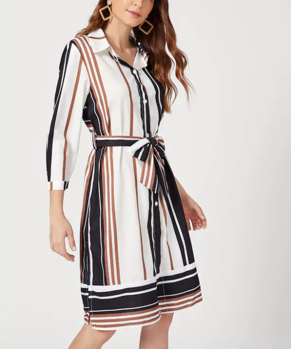 Colorful Striped Cropped Sleeves Shirt Collar Dress