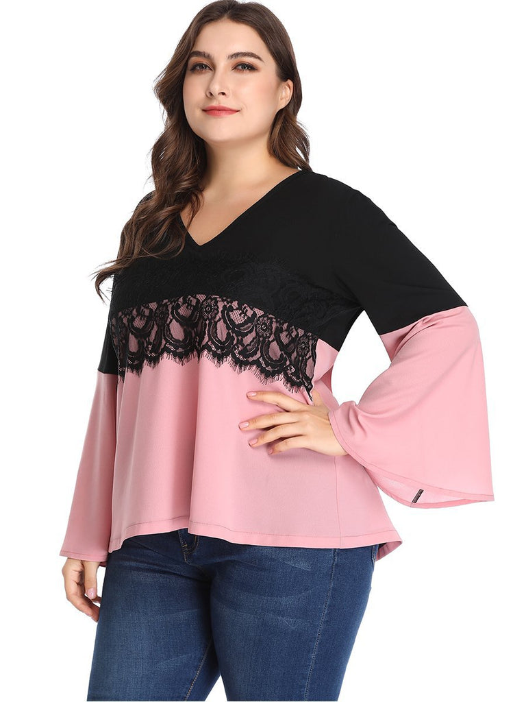 Large Size Women's Stitching Contrast Color Lace Top