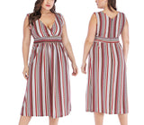 V-neck Striped Waist Slim Plus Size Vest Dress