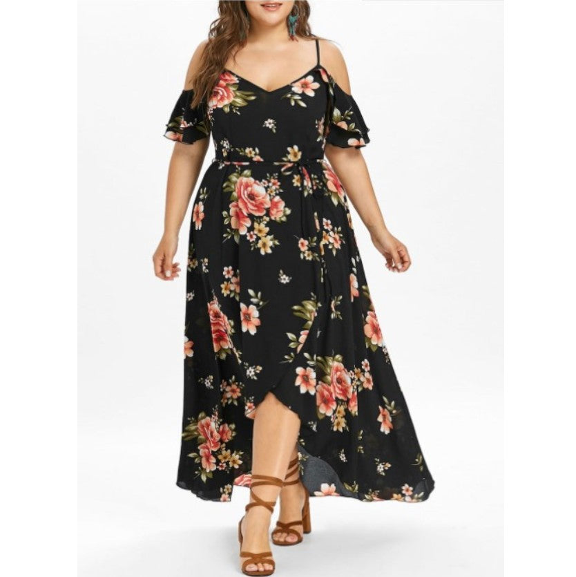Printed Sexy Sling Short-sleeved Large Size Dress