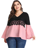 Large Size Women's Stitching Contrast Color Lace Top