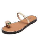Women's Sandals and Slippers Summer Set of Toe Pineapple Pearl Decoration Low-heeled Flat-bottom Light Lady Wearing