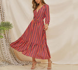 New Long-sleeved Rainbow Stripe Print V-neck Lace-up Dress
