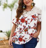Large Size Lace Stitching Printed Chiffon Shirt
