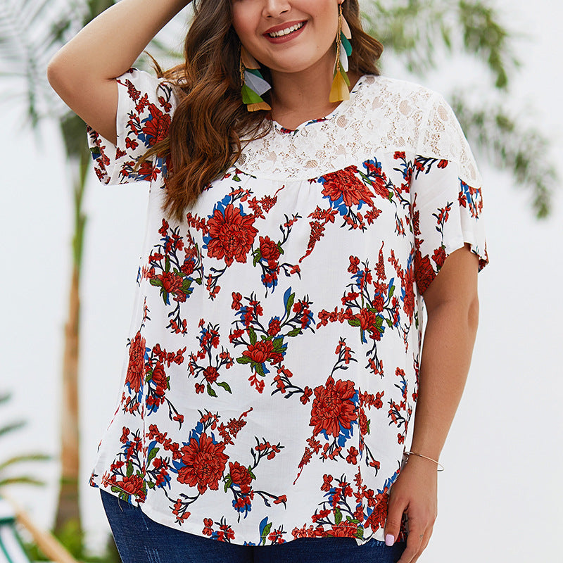 Large Size Lace Stitching Printed Chiffon Shirt