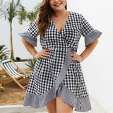 Plus Size New Plaid Five-point Sleeve Ruffled Dress