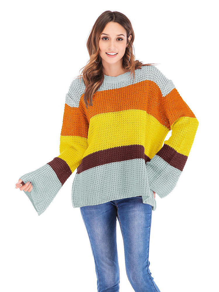 Three-color Stitching Long-sleeved Loose Pullover Sweater