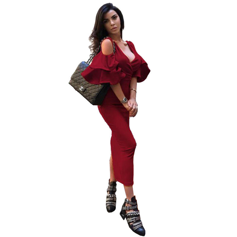 New Women's Dress Sexy Bag Hip Skirt Deep V Strapless Lotus Leaf Sleeve Dress