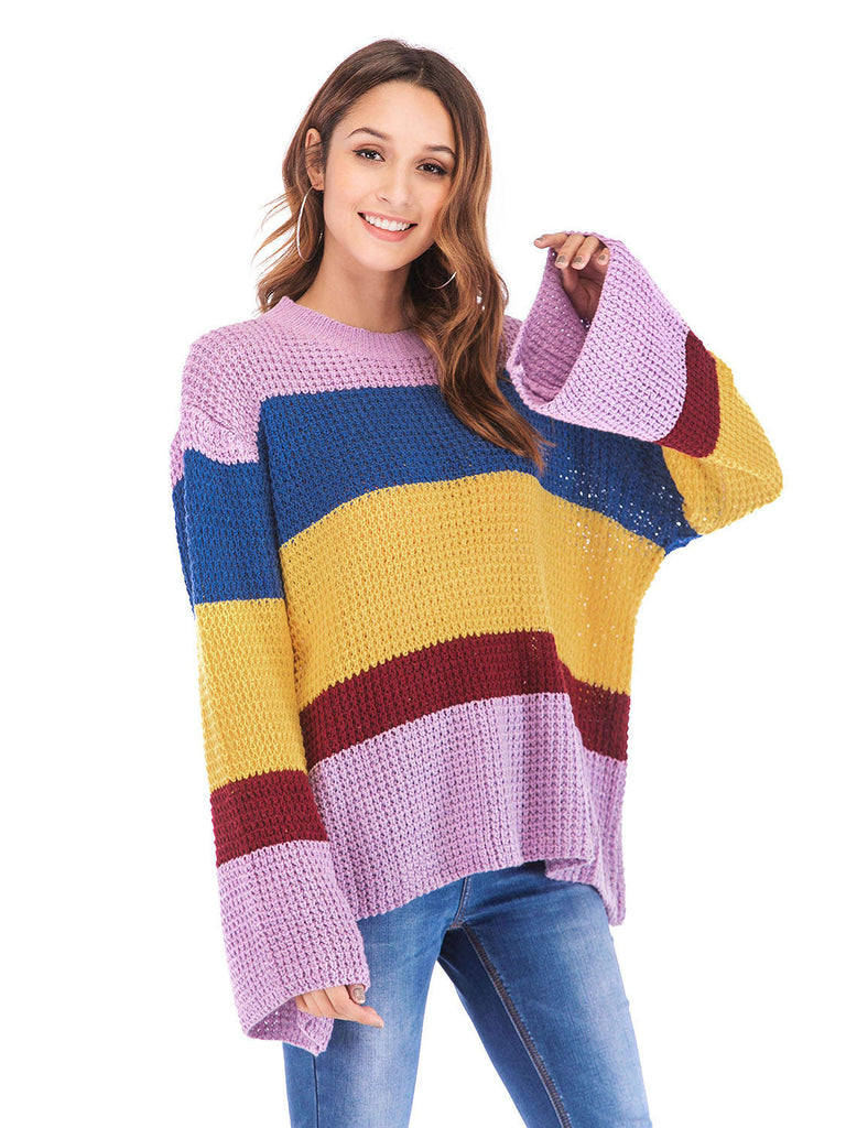 Three-color Stitching Long-sleeved Loose Pullover Sweater