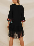 Tassel Stitching V-neck Flared Embroidered Bohemian Dress