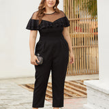 Mesh Stitching Double Ruffled Short-sleeved Waist Pockets Small Feet Siamese Trousers