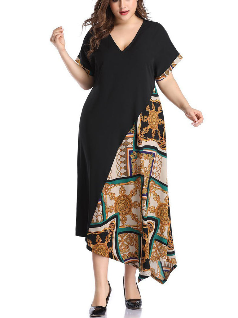 Large Size Women's Color Mosaic Print Dress