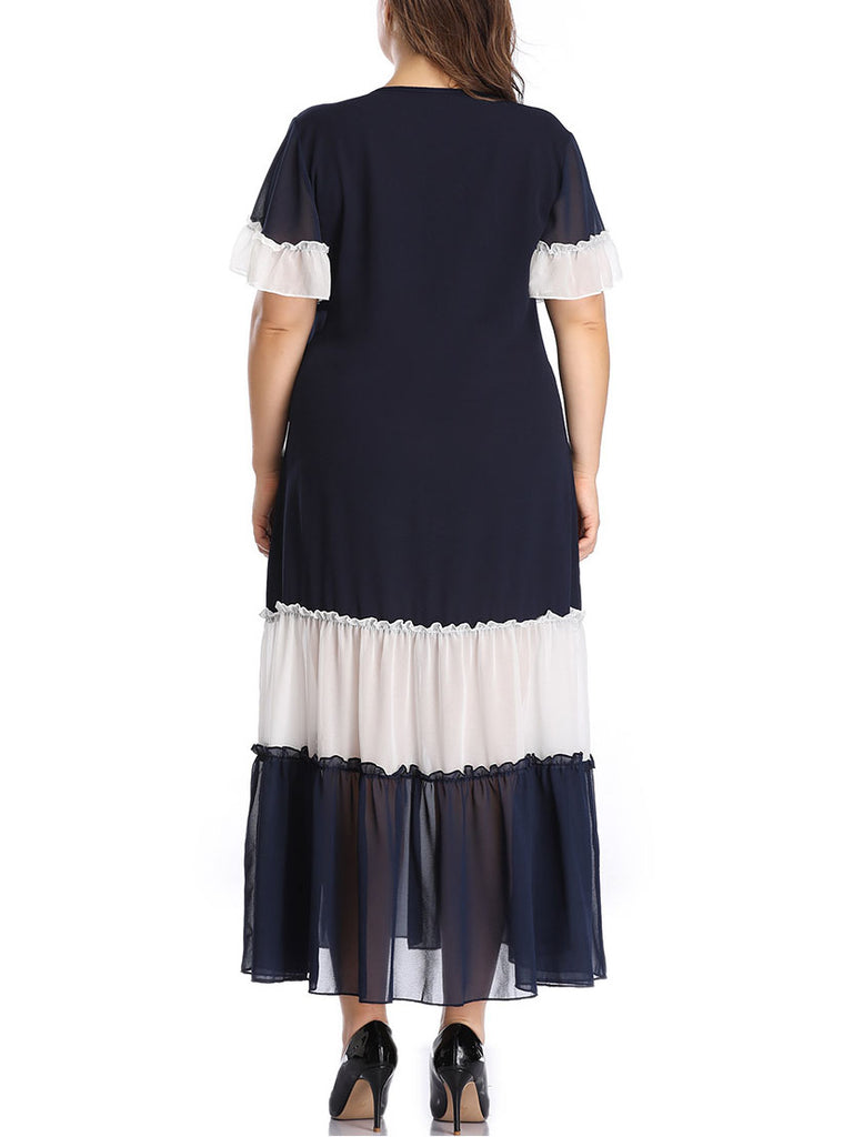 Large Size Women's Stitching Contrast Color Matching Dress Pleated Skirt Pleated Stitching