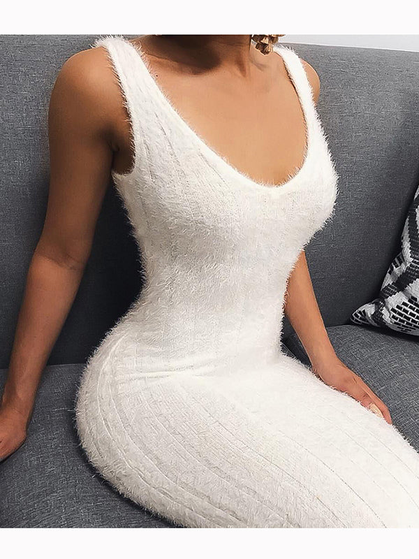 Sexy Skinny Elegant White Slim Party V-neck Sweater Dress
