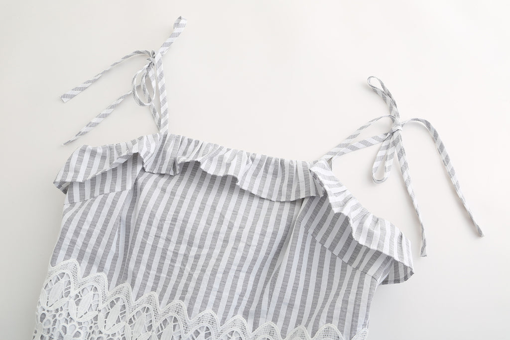Lace Stitching Striped Ruffled Summer Dress