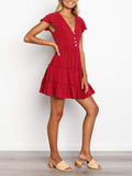 Sexy V-neck Button Pleated Solid Color Dress