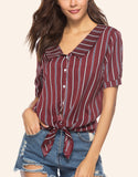 Summer V-neck Striped Lace-up Short-sleeved Shirt