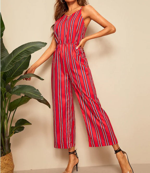 Strap Back Bow Striped Jumpsuit