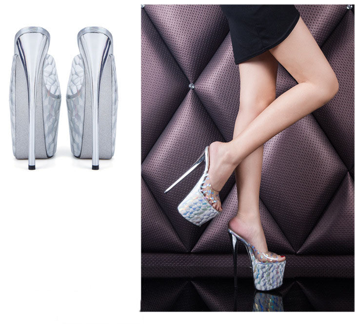 Summer Super High Heel Slippers Female Transparent Hate Sky High 20 Cm Extra Large Code 43-47 Code Leopard Print