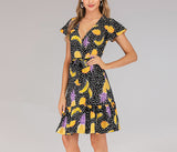V-neck Lace-up Short-sleeved Slim Print Dress Beach Skirt