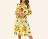 V-neck Lace-up Belly Long-sleeved Sun Flower Dress