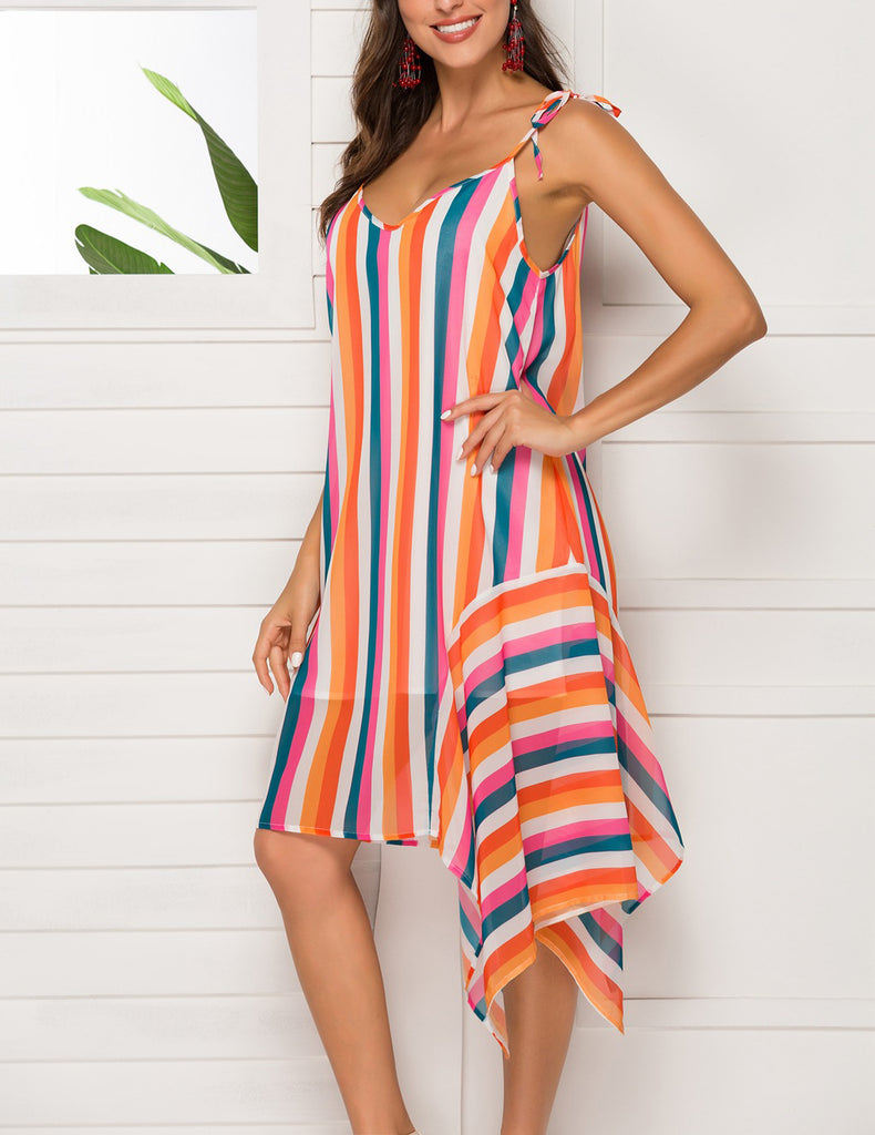 V-neck Sling Sleeveless Irregular Color Strip Dress
