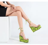 One-word Buckle with Transparent Sandals Female Summer Fashion Snake Pattern Open Toe Super High Wedge Shoes
