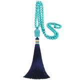 Hand Knotted Blue Turquoise Long Tassel Necklace Celebrity Wind Elephant Pendant