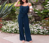 Solid Color Sling Backless Loose Wide Leg Waist Tie Jumpsuit