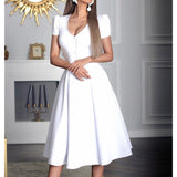 Women's V-neck Short-sleeved Solid Color Dress Single-breasted Sweet Court Princess Dress