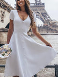 Women's V-neck Short-sleeved Solid Color Dress Single-breasted Sweet Court Princess Dress