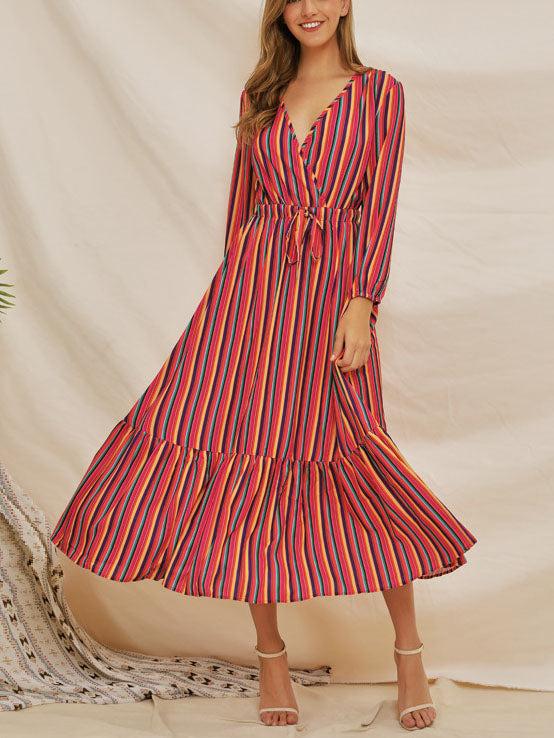 New Long-sleeved Rainbow Stripe Print V-neck Lace-up Dress